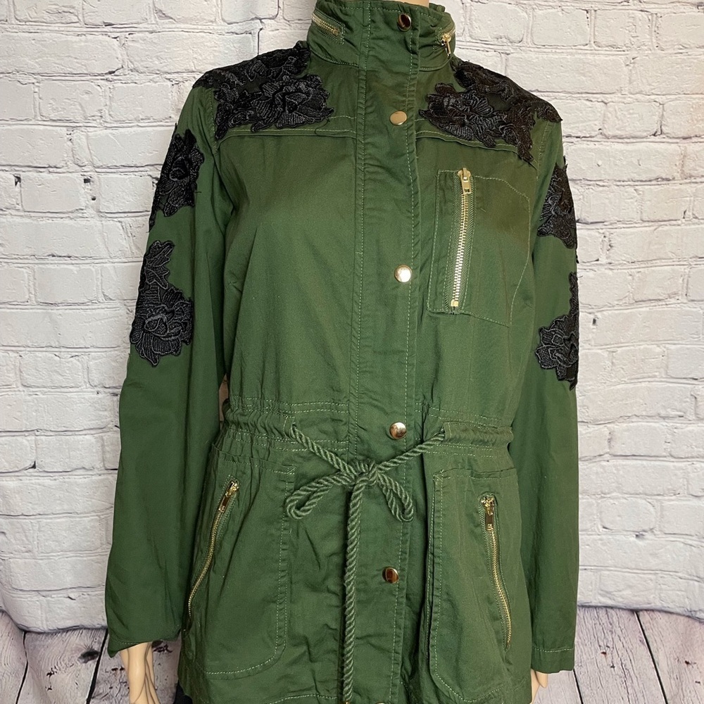 Denim 24/7 Military Green Parka Jacket Black Lace